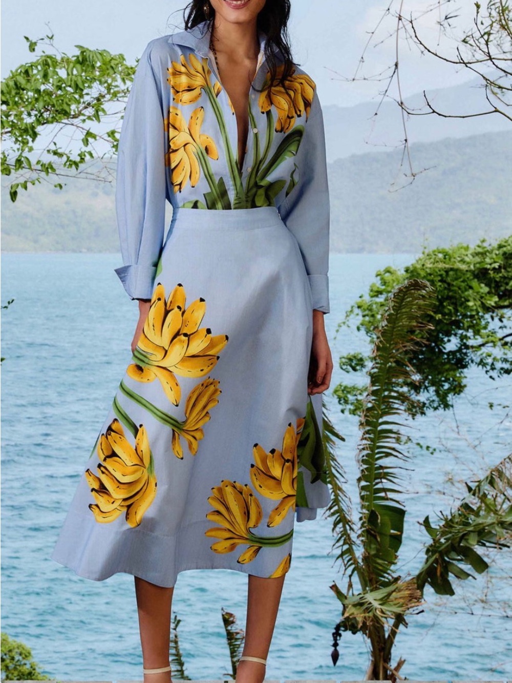 FARM Rio Light Blue A-Line Midi Skirt with Yellow Floral Print